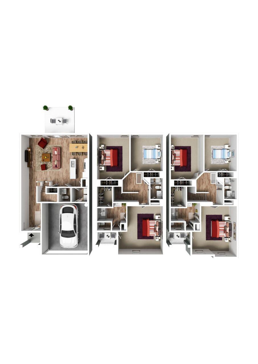 3D Furnished floor plan with room layout and dimensions